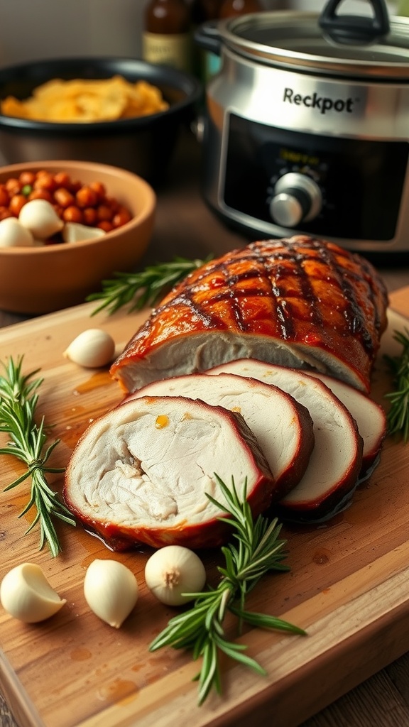 Sliced tender pork loin on a cutting board with rosemary and garlic, ready to serve.